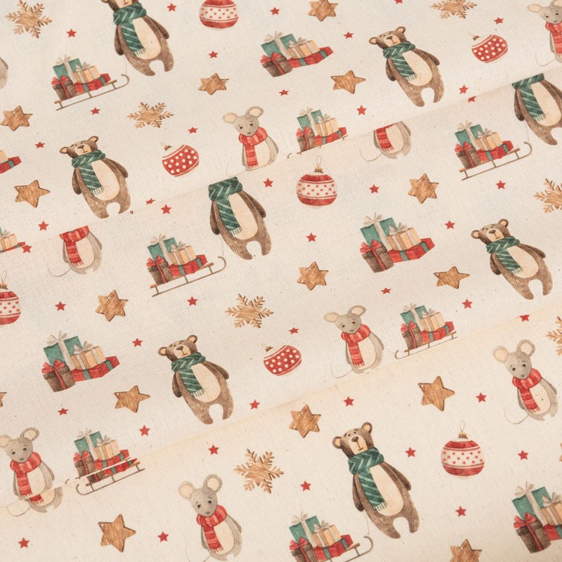 Tissu-coton-écru-Noël-ours-et-souris