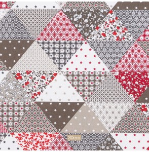 Tissu coton enduit motif patchwork taupe rouge
