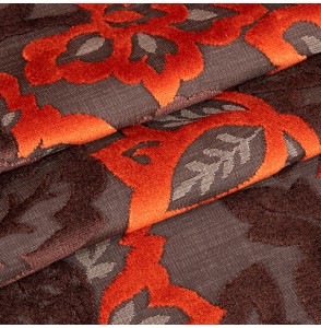 Tissu-velours-ameublement-brun-fleur-orange