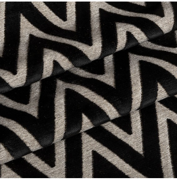 Tissu-velours-ameublement-gris-zigzag-noir