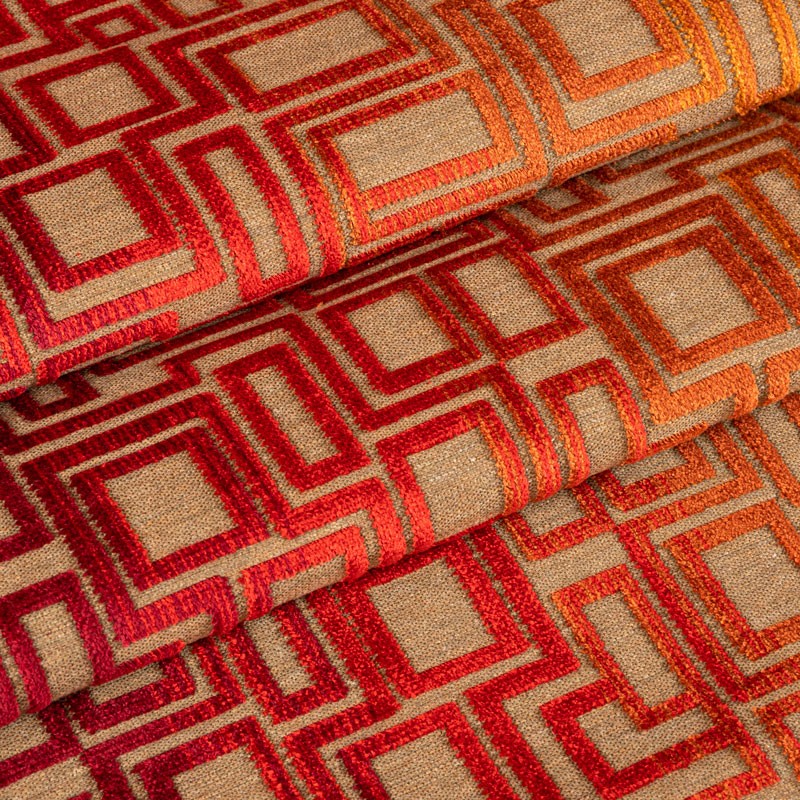 Tissu-velours-ameublement-géométrique-orange-dégradé-bordeaux