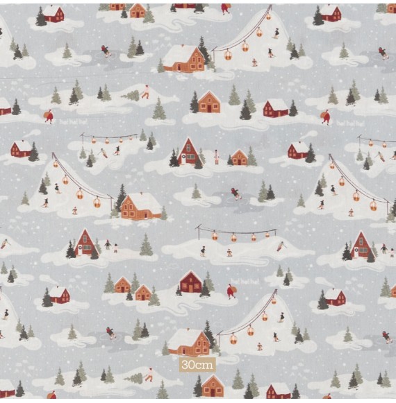 Tissu coton Bio gris village de Noël