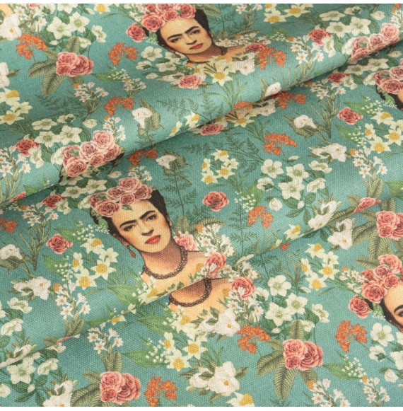Tissu-Frida-Kahlo-toile-100%-coton-fleuri-vert