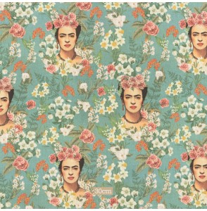 Stevige-katoenen-stof-Frida-Kahlo-groen-gebloemd
