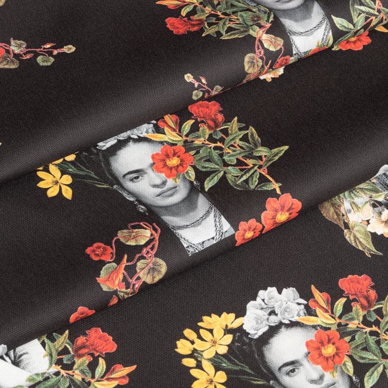 Tissu-Frida-Kahlo-toile-100%-coton-fond-noir