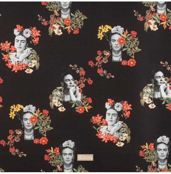 Stevige-katoenen-stof-Frida-Kahlo-op-zwarte-ondergrond
