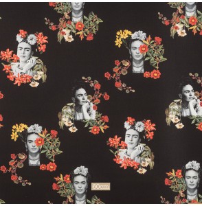 Stevige-katoenen-stof-Frida-Kahlo-op-zwarte-ondergrond