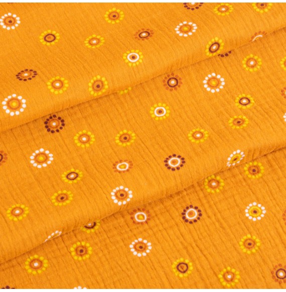 Tissu-tetra-double-gaze-imprimé-orange-fleur