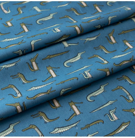 Tissu-popeline-de-coton-bleu-imprimé-crocodile