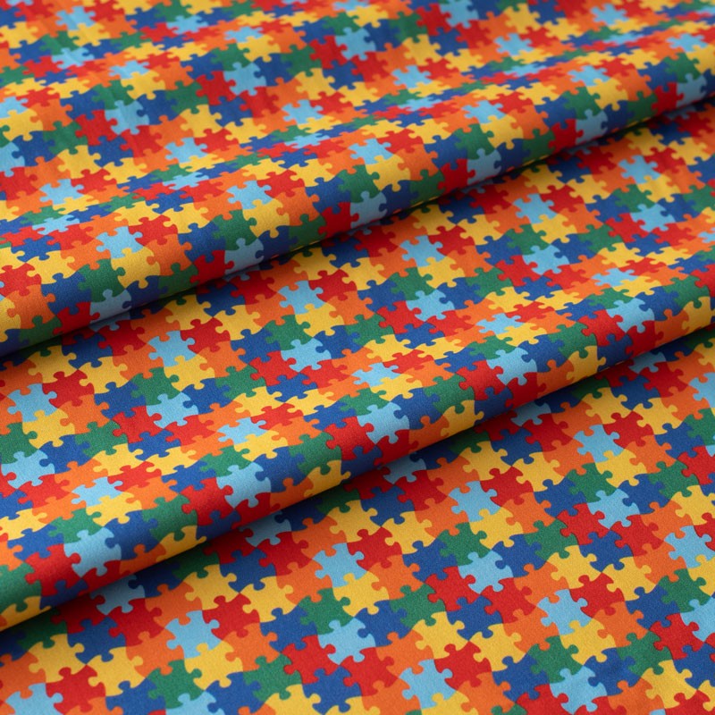 Tissu-popeline-de-coton-imprimé-puzzle-multicolore