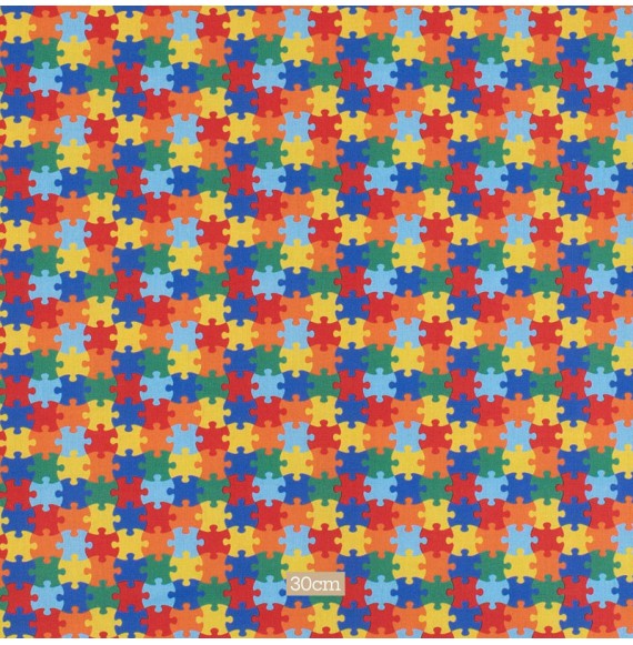 Tissu-popeline-de-coton-imprimé-puzzle-multicolore