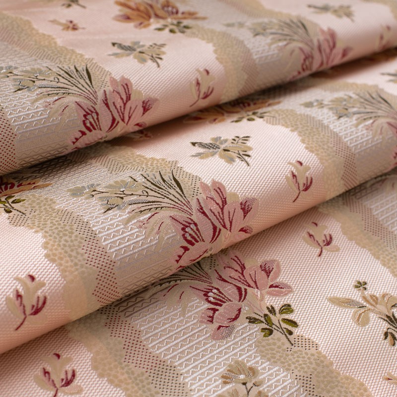 Tissu-ameublement-Lampas-de-soie-à-motif-floral-rose-poudré