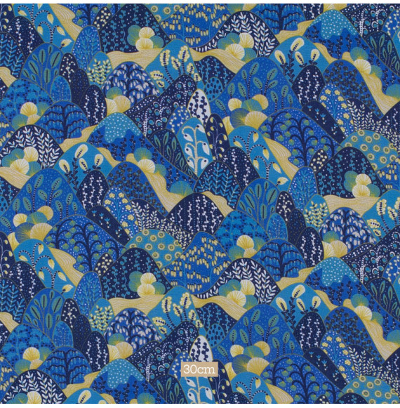 Tissu-viscose-bleu-paysage-fleuri-japonais