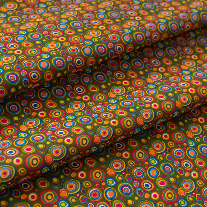 Tissu-coton-kaki-cercle-multicolore