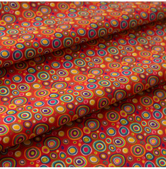 Tissu-coton-rouge-cercle-multicolore