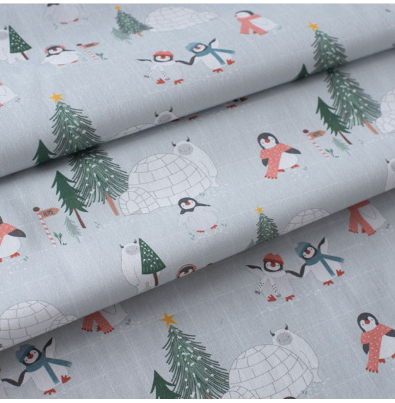 Tissu-coton-gris-Noël-yeti-et-penguin-igloo