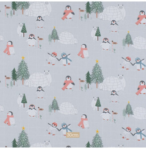 Tissu-coton-gris-Noël-yeti-et-penguin-igloo