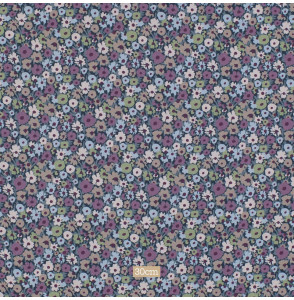 Marineblauwe-katoenen-stof-met-kleine-paarse-en-groene-bloemen