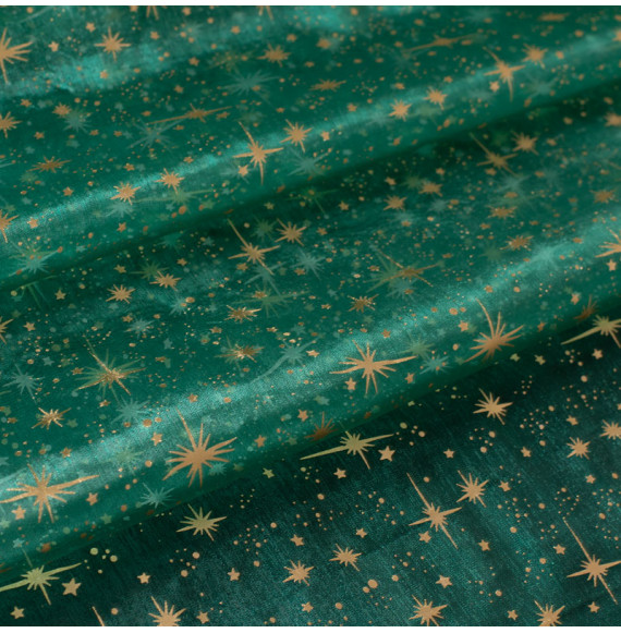 Tissu-de-noël-organza-vert-étoiles-dorées