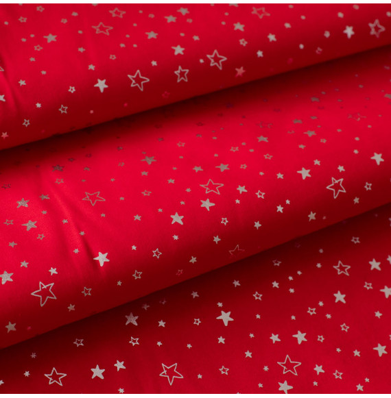 Tissu-coton-Noël-rouge-étoile-argentée