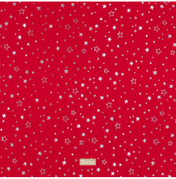 Rode-katoenen-kerststof-met-zilveren-sterren