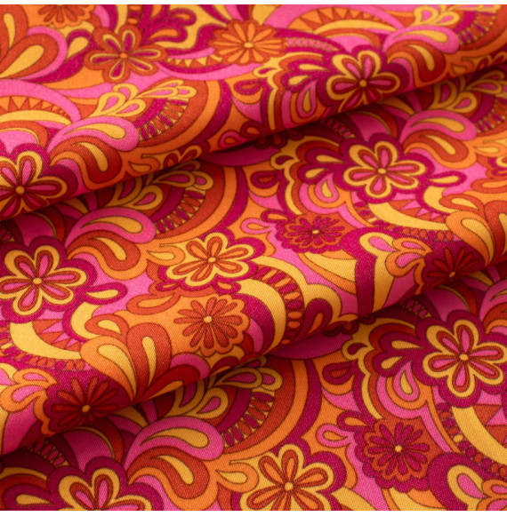Polyester-stof-met-vintage-print-oranje-en-roos