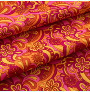 Polyester-stof-met-vintage-print-oranje-en-roos