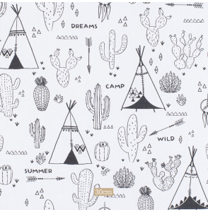 Katoenen-stof-wit-en-zwart-met-Tipi-en-cactus