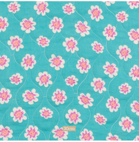 Tissu-matelassé-double-gaze-fleuri-turquoise