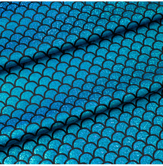 Tissu-jersey-noir-imprimé-écaille-irisé-bleu-turquoise