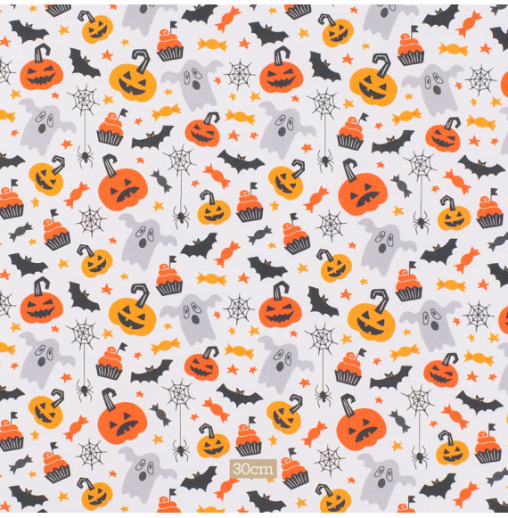 Katoenen-stof-in-wit-met-pompoen-Halloween