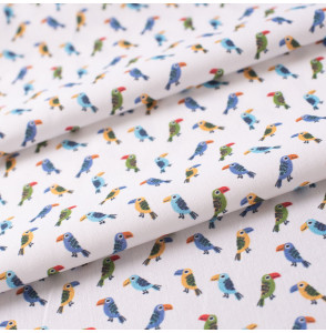 Tissu-coton-blanc-mini-perroquet-multicolore