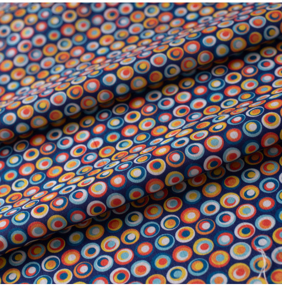 Tissu coton bleu cercle multicolore