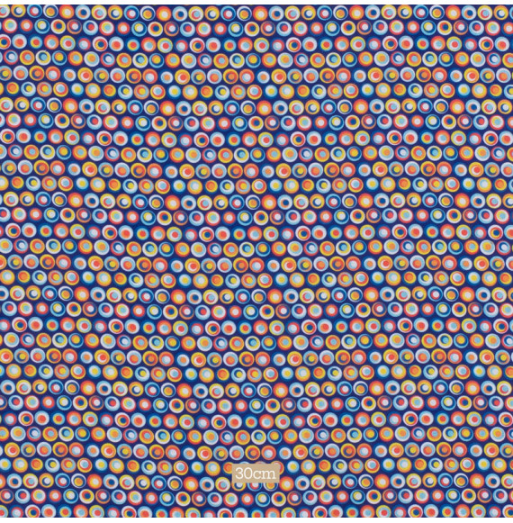 Katoenen-stof-blauw-met-kleurrijke-cirkeltjes