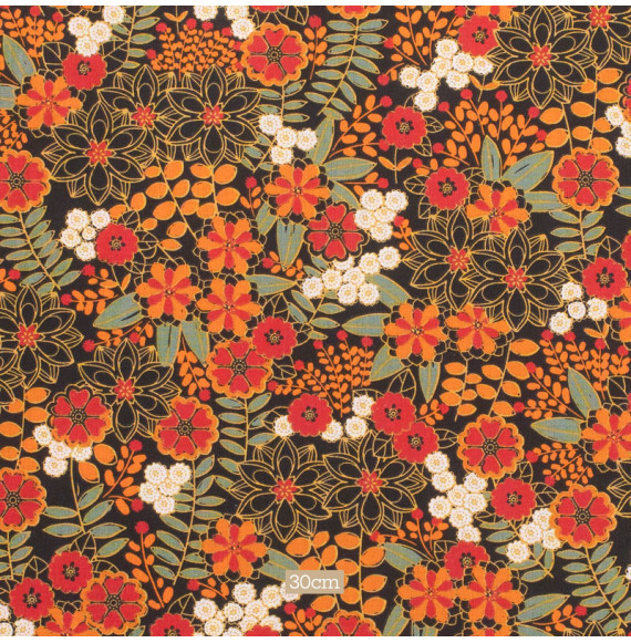 Katoenen-stof-oranje-bloemen-op-zwarte-basis