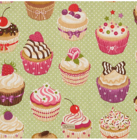 Tissu-coton-vert-Cupcakes