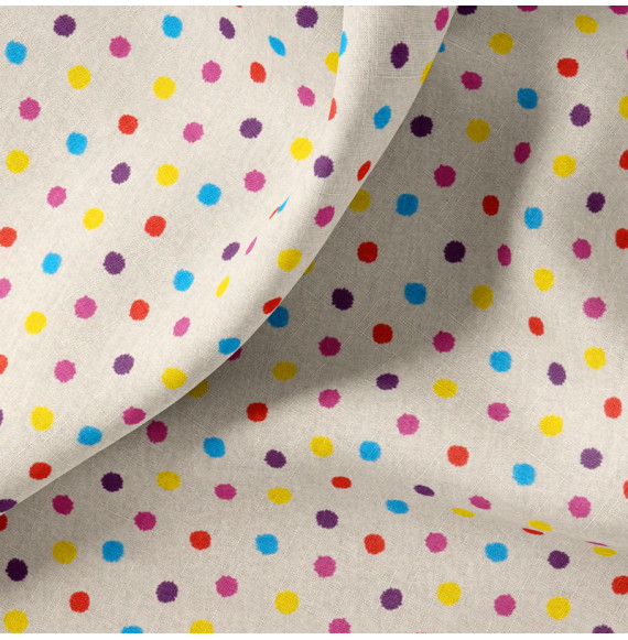 Tissu-coton-écru-Pompons-multicolores