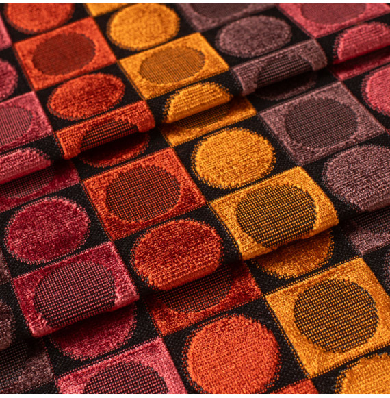 Tissu-velours-ameublement-géométrique-ocre-multicolore